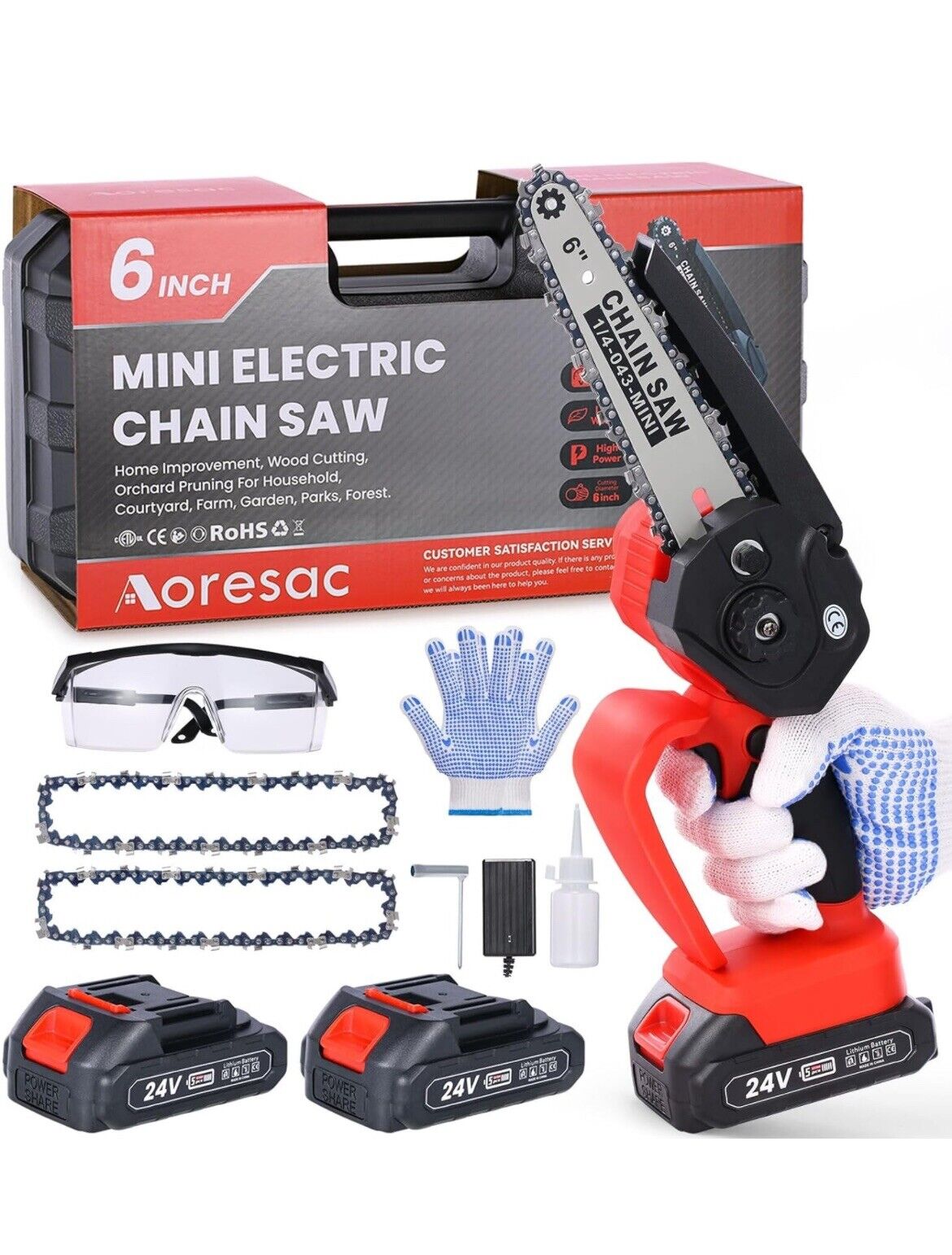 Aoresac Mini Chainsaw, 6 Inch Cordless Chainsaw with 2 X 2000 mAh Battery New