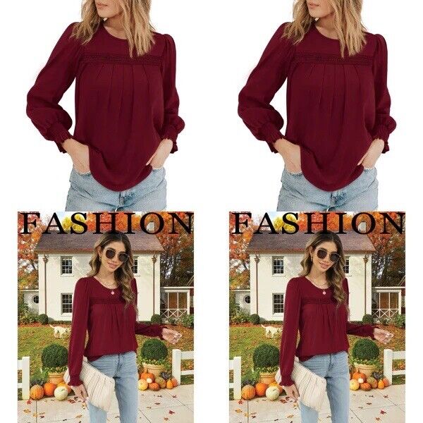 Womens Tops Lace Long Sleeve Ladies Sweatshirt Puff Sleeve Pleated Black 18-20
