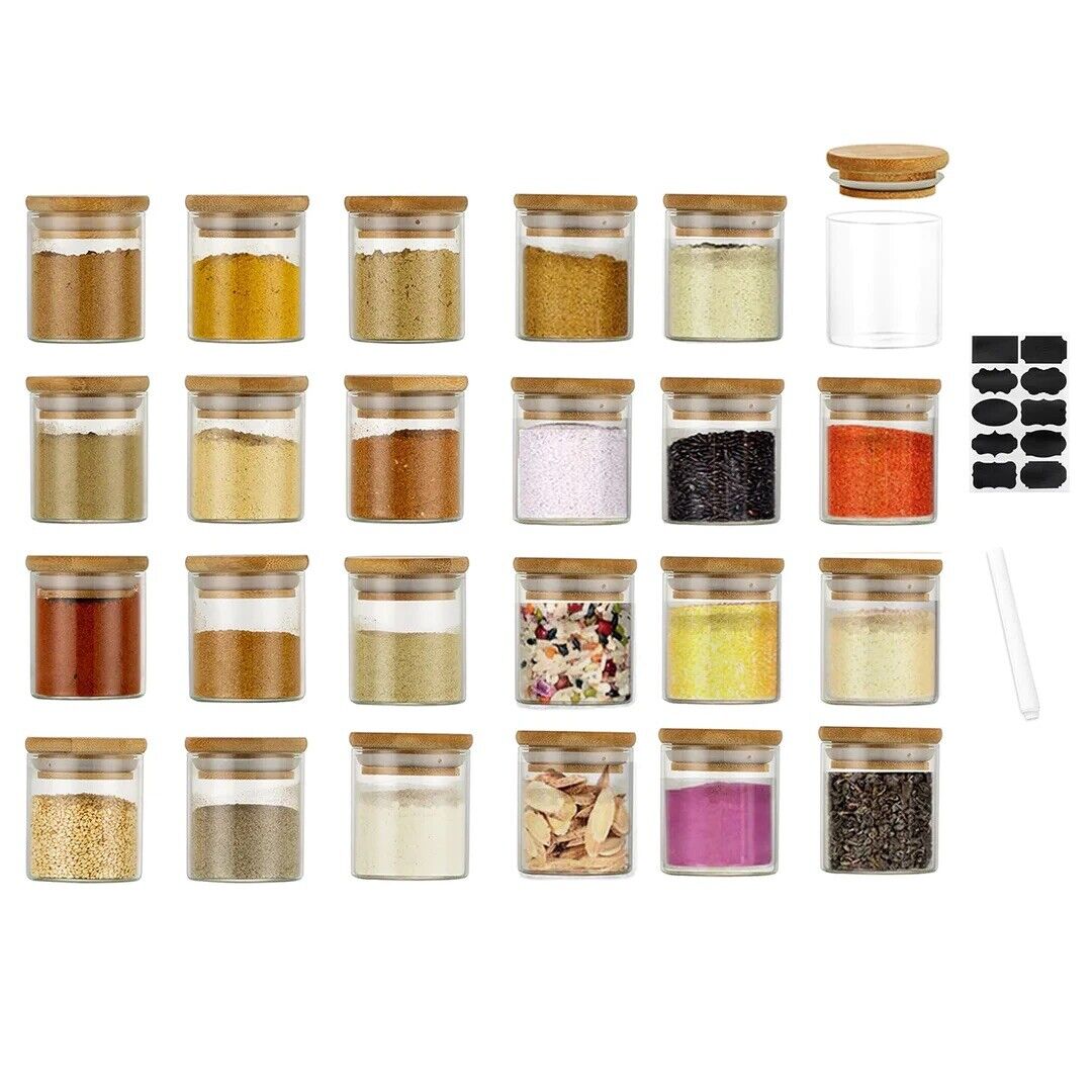 Bamboo Spice Jars Small Glass: 75ML 24Pcs Airtight Food Storage Jars with Lids
