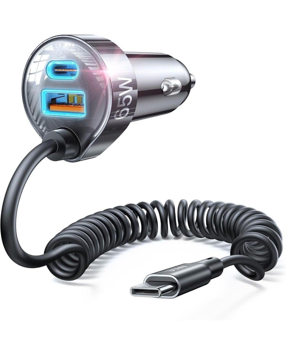 LISEN 65W Car Charger USB C Fast  with 5FT 30W USB C Coiled Cable Car Phone