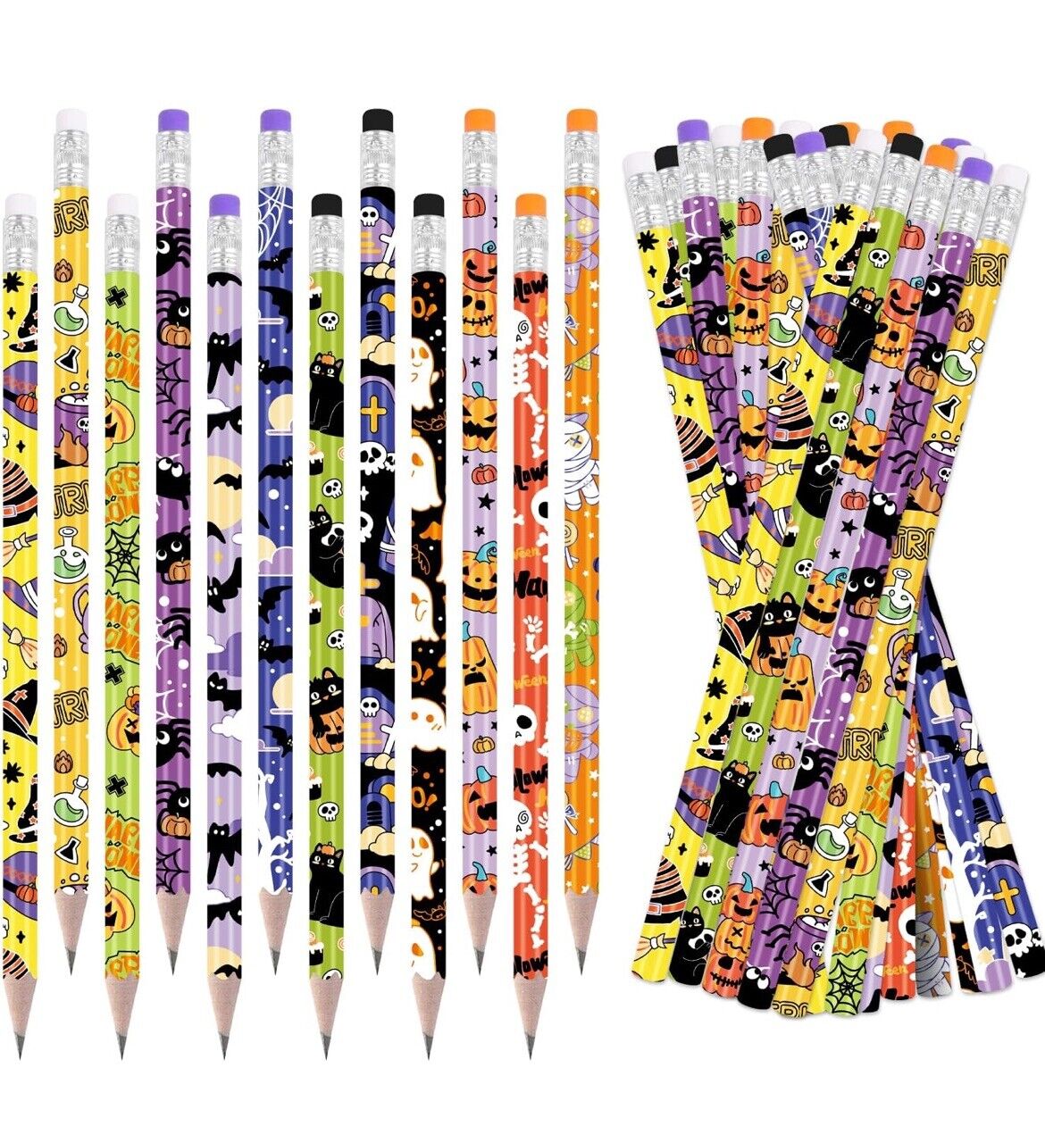 36  PCS Halloween Wood Pencils and Erasers Themed Art Supplies Drawing Reward