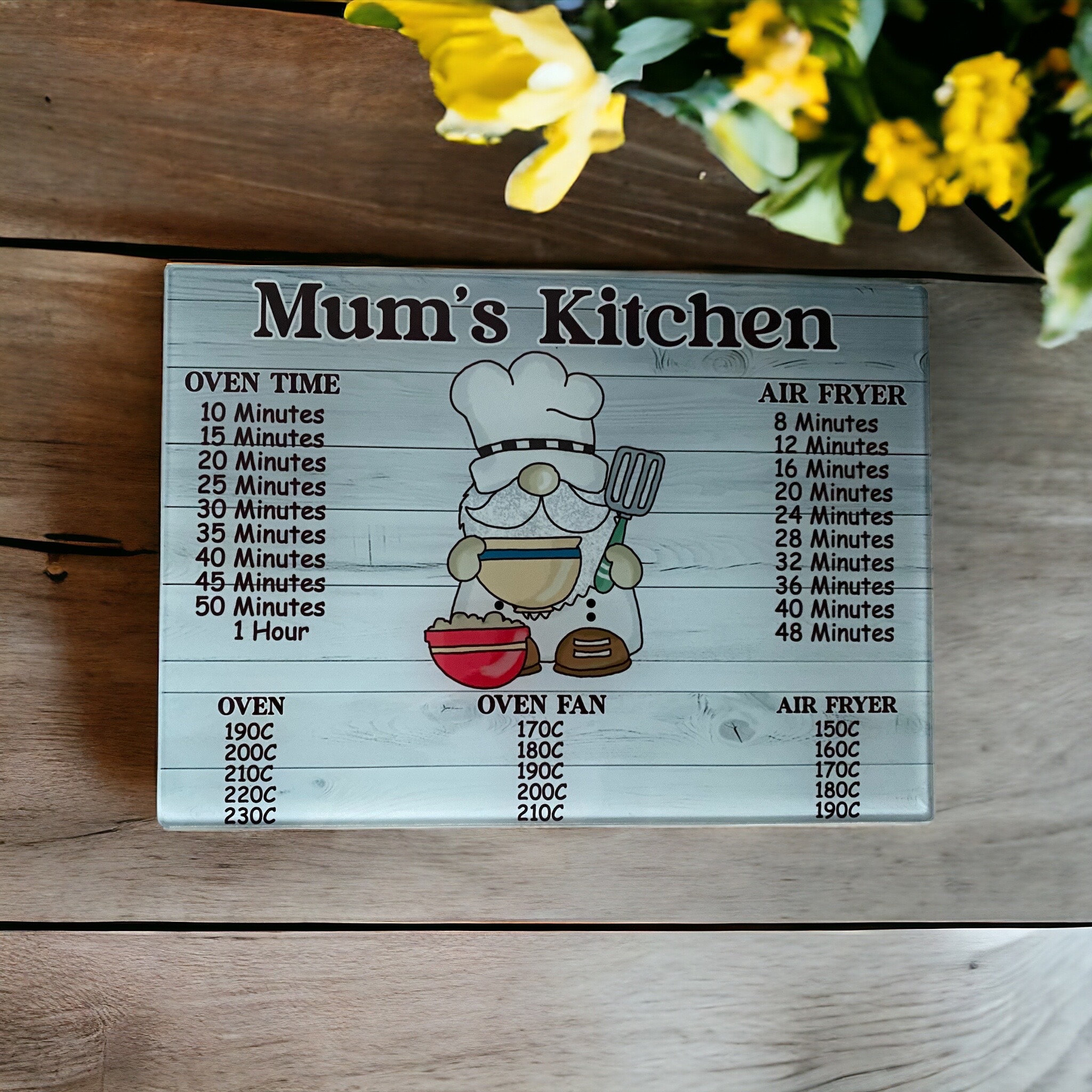 Personalised gonk glass chopping board, conversion chart. Personalised with any name…. “Name’s kitchen “