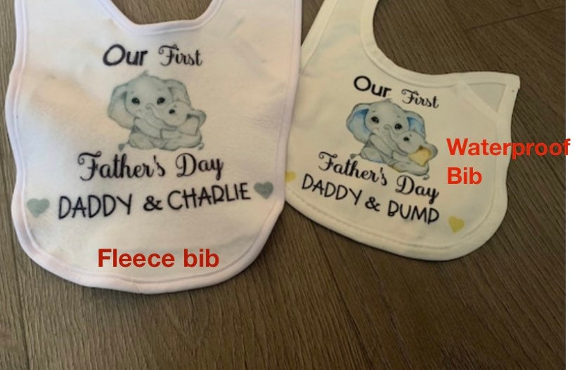 Baby bibs- Father’s Day, first Father’s Day baby bib, daddy and baby elephant, 4 designs, fleece and waterproof bibs