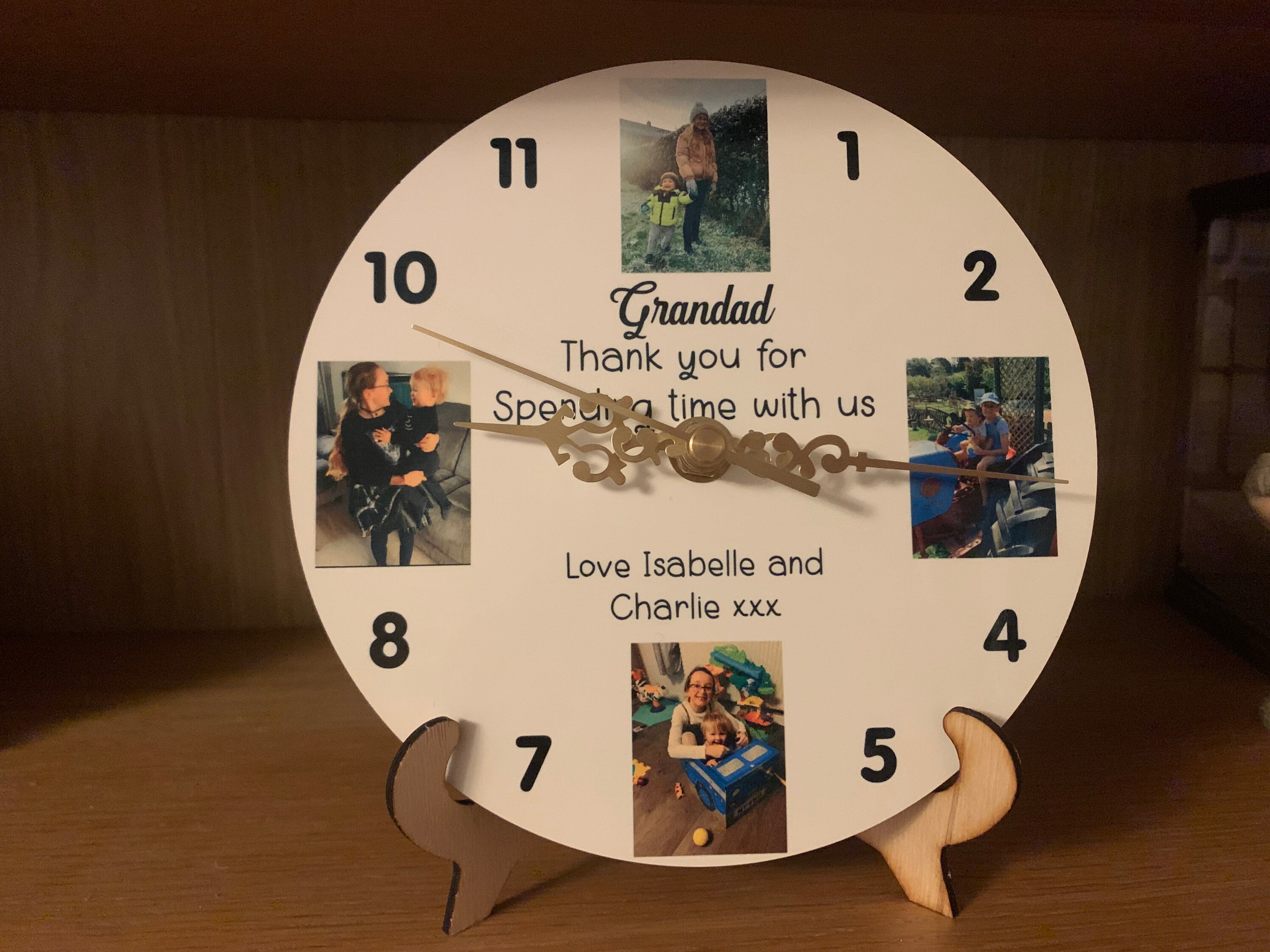Personalised photo clock and handmade wooden stand, Mother’s Day, Father’s Day, birthday and Christmas. Christening gift