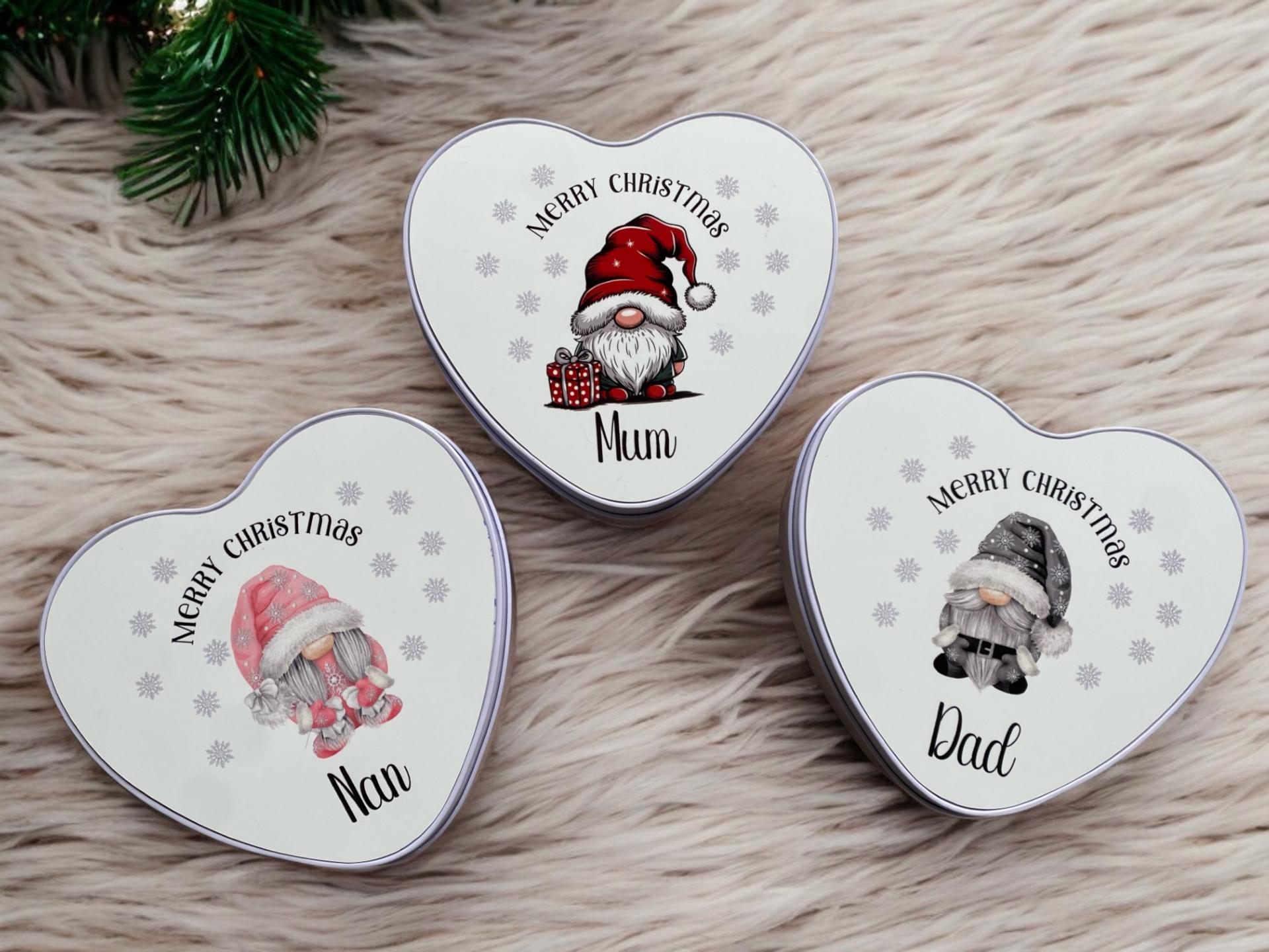 Personalised Gonk heart shaped tin, Christmas gift, Christmas Gonks, Gnome, Sweet tin, biscuit tin