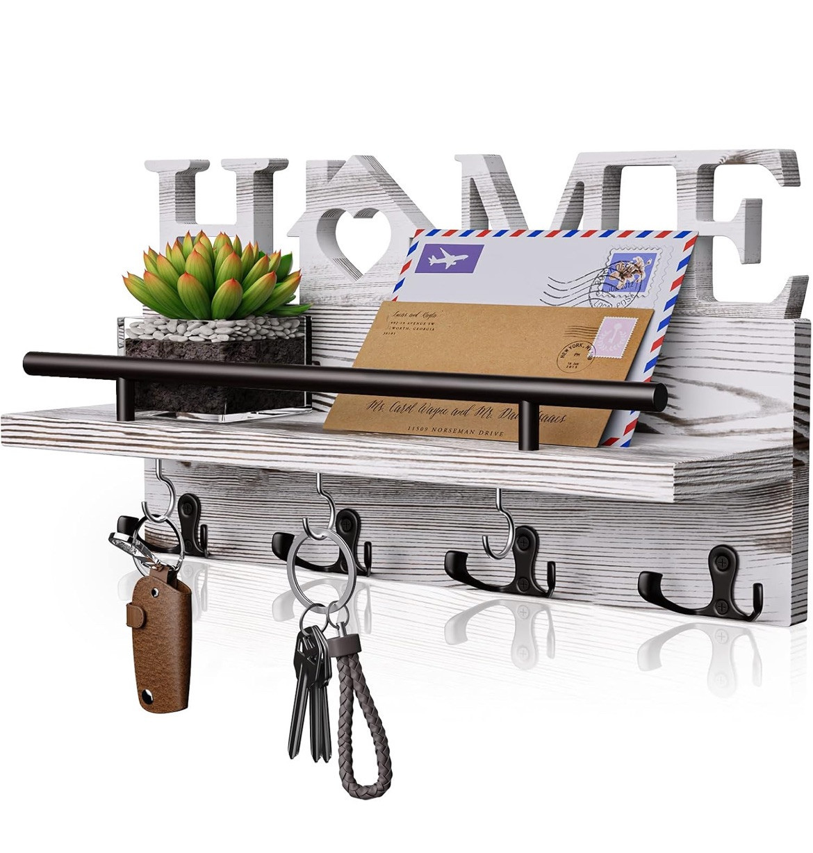 Key Holder for Wall with Home Decoration with 7 Sturdy Key Hooks and Mail Holder