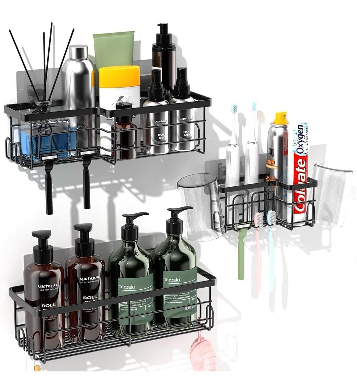 Shower Caddy Bathroom Organizer, No Drilling Wall Mount Shower Basket with Hook