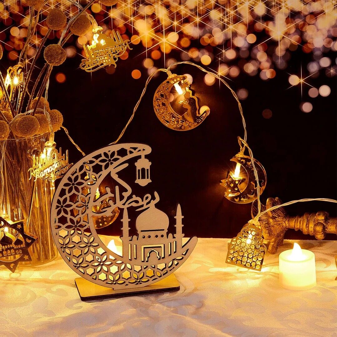 Mudder 2Set Ramadan Decorations Lights 5.4 Feet 10 LEDs Wooden Ornament With Led