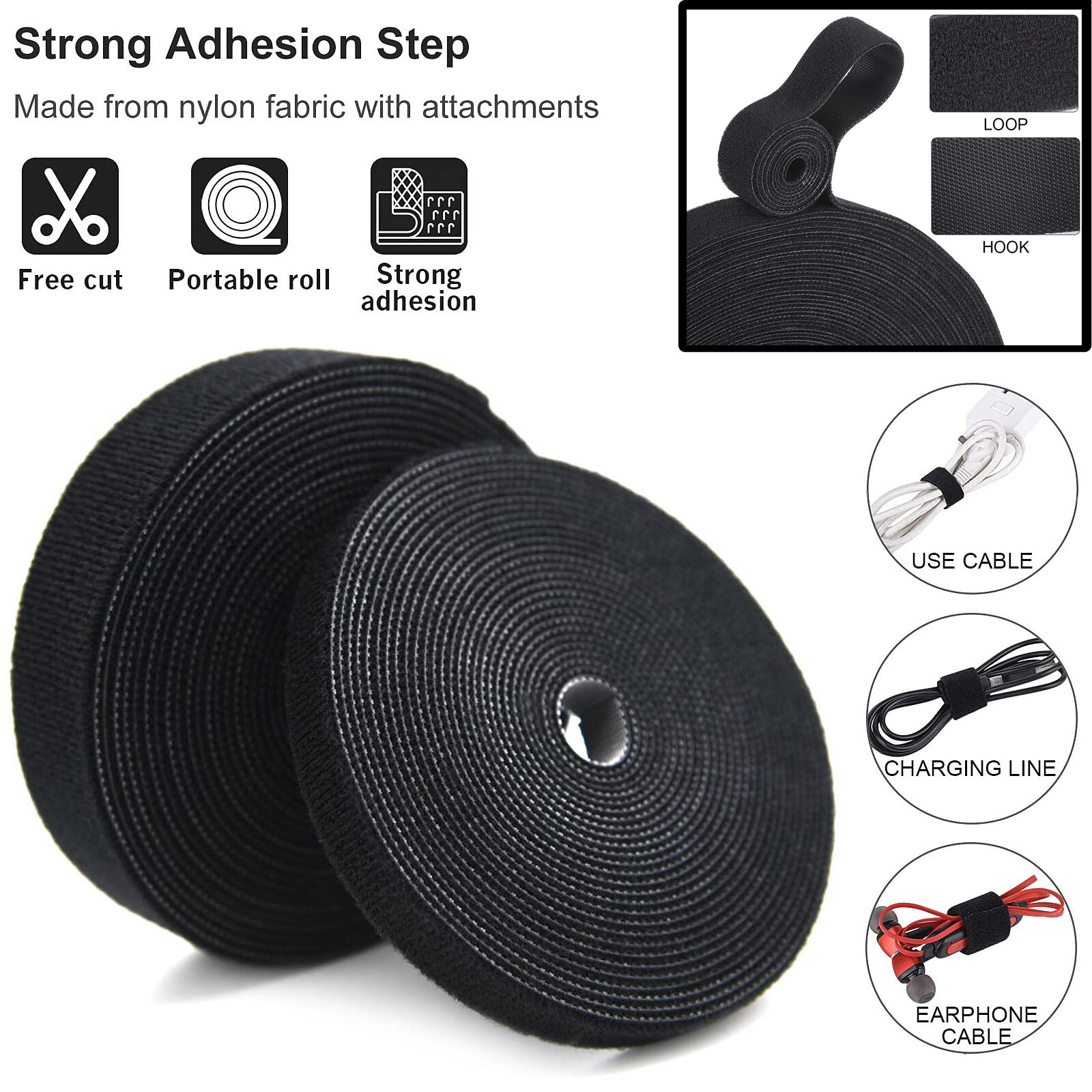 1M 3M 5M Cable Organizer Strap Fastening Tape Ties Reusable Nylon Hook Roll