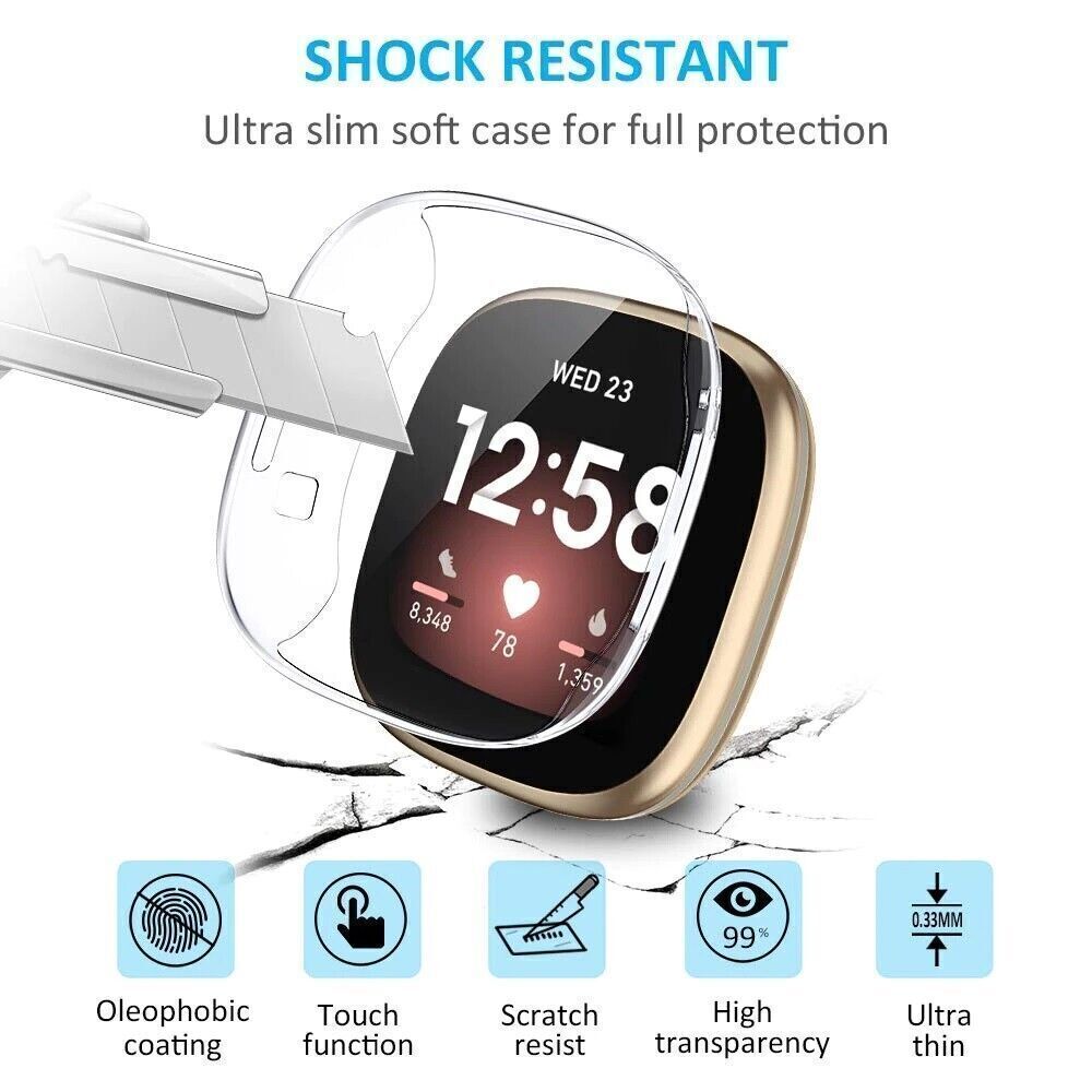 For Fitbit Watch Versa 4 Sense 2 Full Body TPU Case Screen Protector Clear Cover