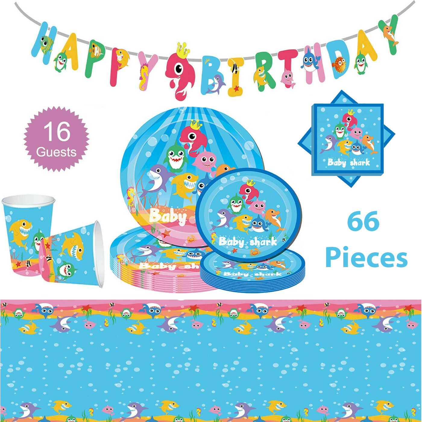 Baby Shark Birthday Party Decoration Table Ware Supplies Kit Banner 16 Guests