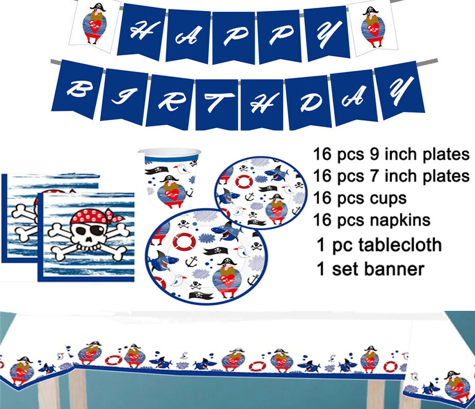 Birthday Theme Boys Kids Party Supplies Set Tableware 16 Person Pirate Decor Kit
