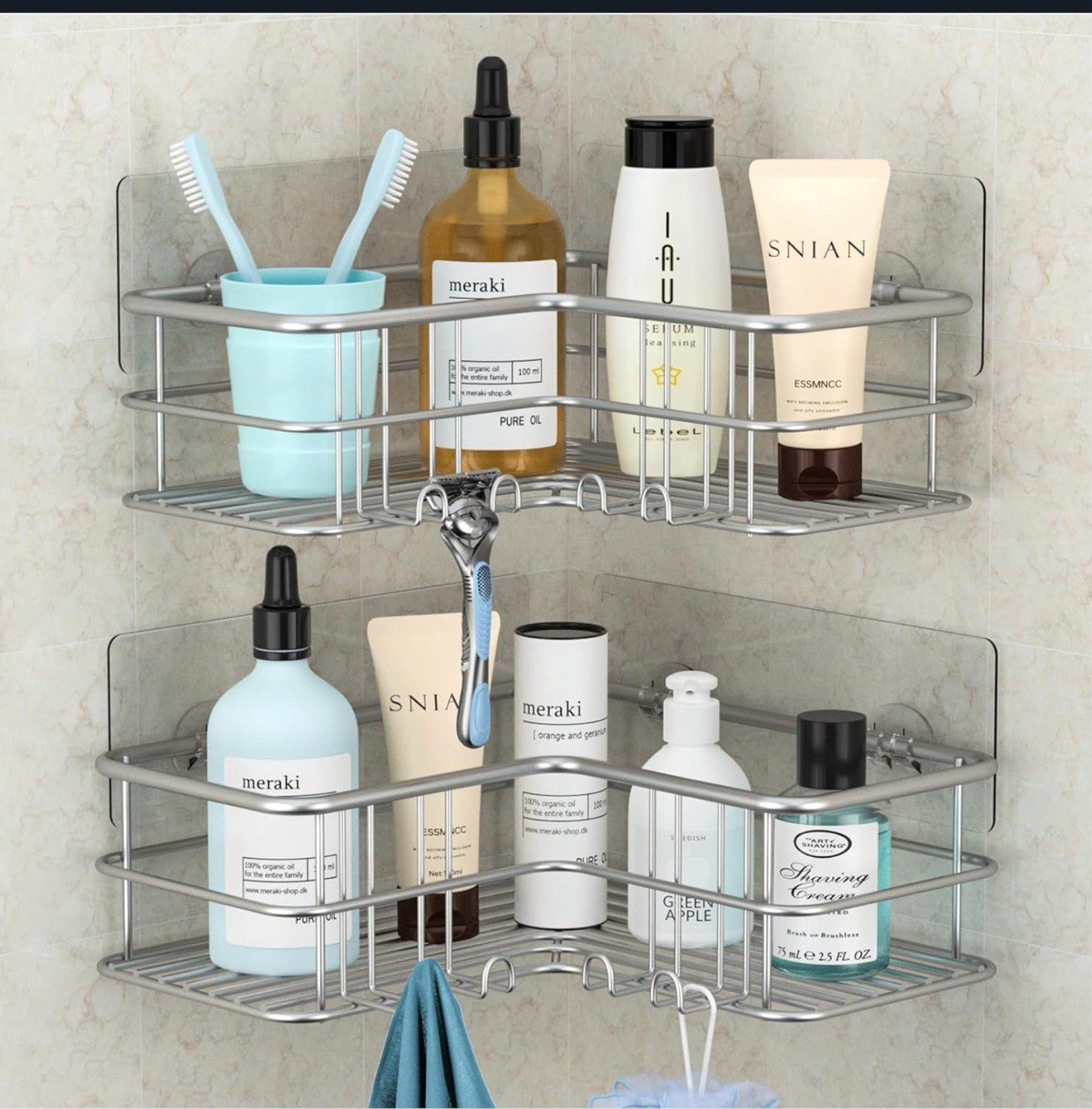 Menbyci Silver Corner Shower Caddy,Adhesive Shower Shelf with Hooks, Stainless S