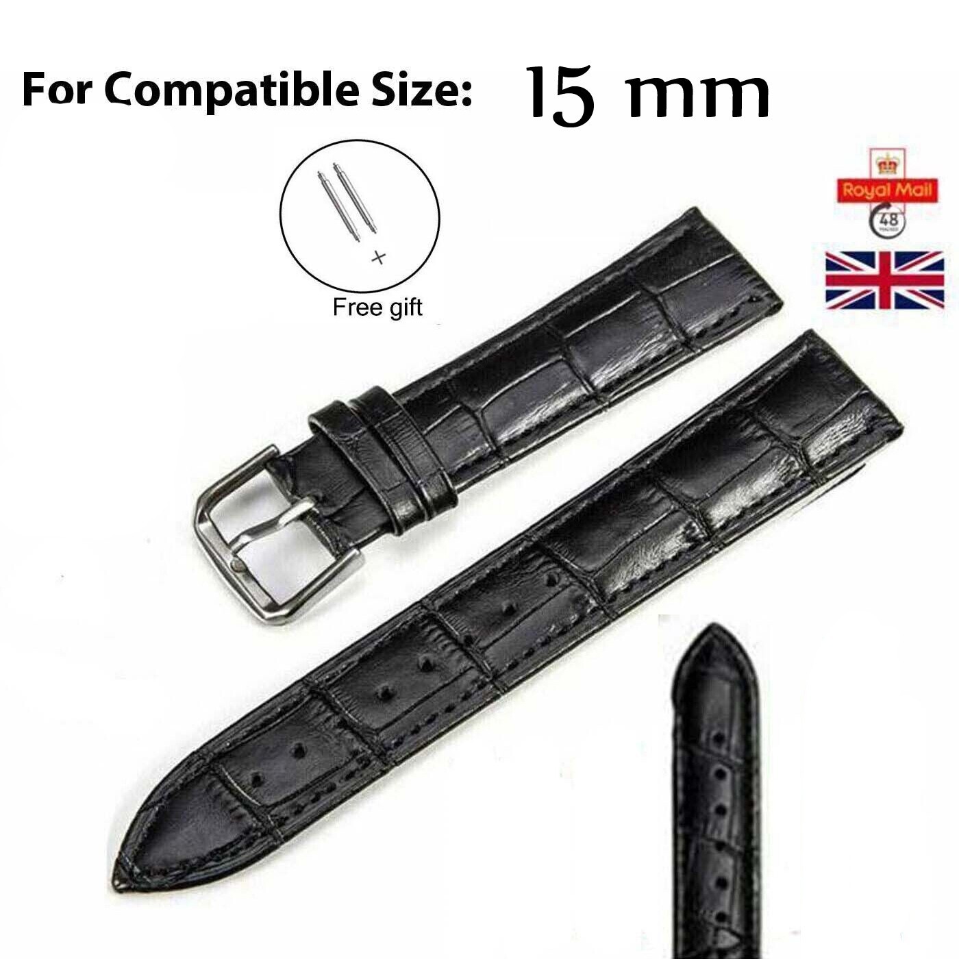 Genuine Leather Crocodile Print Watch Band Strap Universal Replacement 15 mm UK