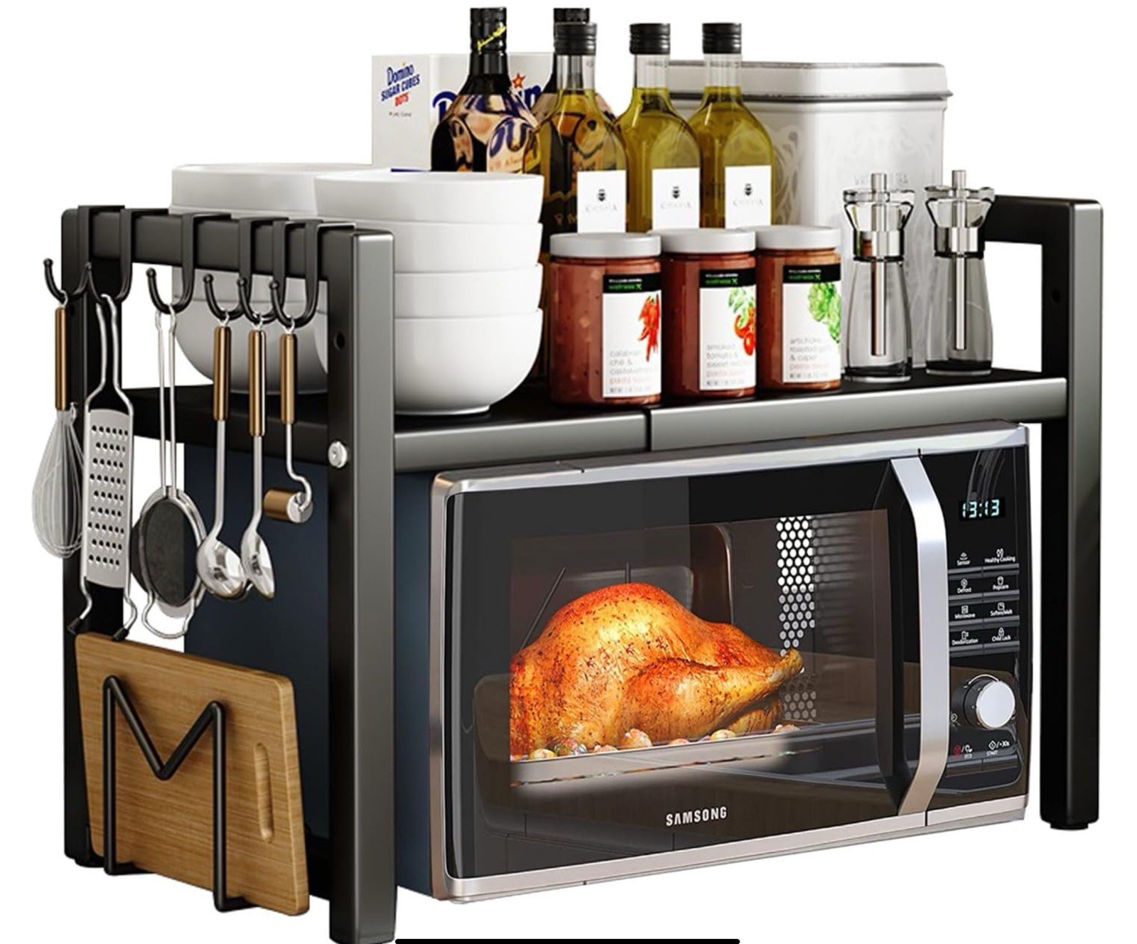 Expandable Microwave Oven Rack 2Tier Microwave Shelf,With 6 Hooks Adjustable Car