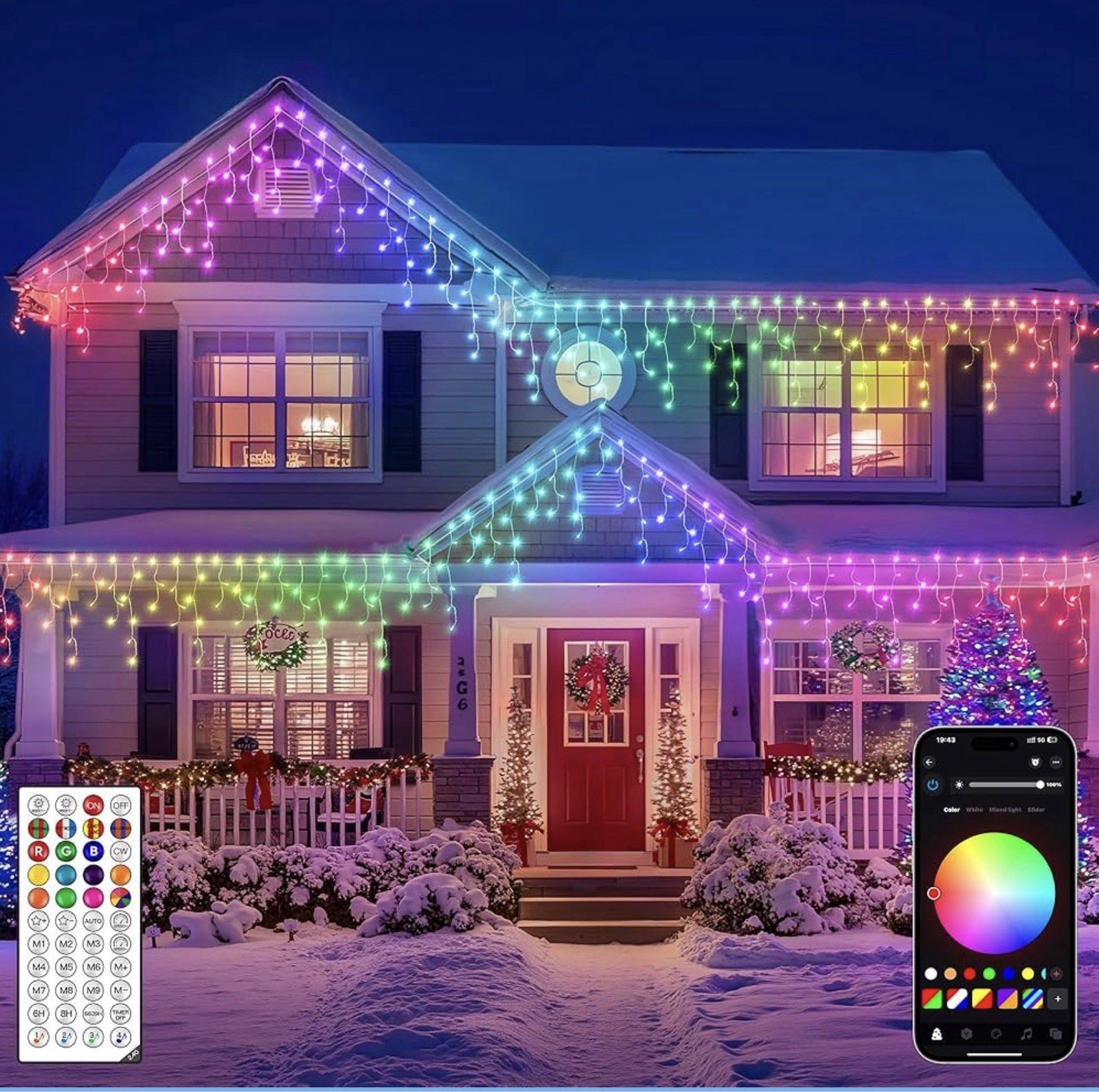 Ollny Smart RGB+W Icicle Outdoor Christmas Lights 10m, 286 LED Mobile Mod, Music