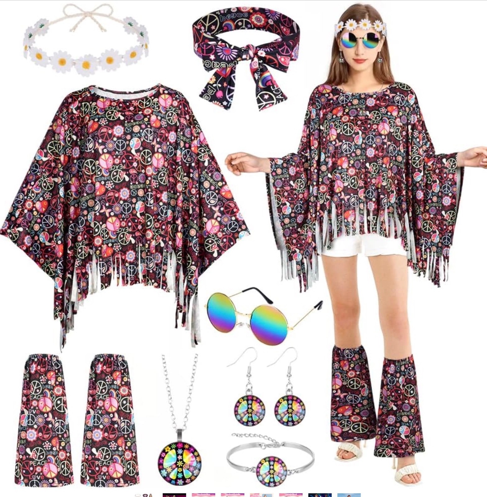 AOOWU Hippie Costume Accessories Set 10 Pcs 70s Fancy Dress Women Disco Hipp Fri