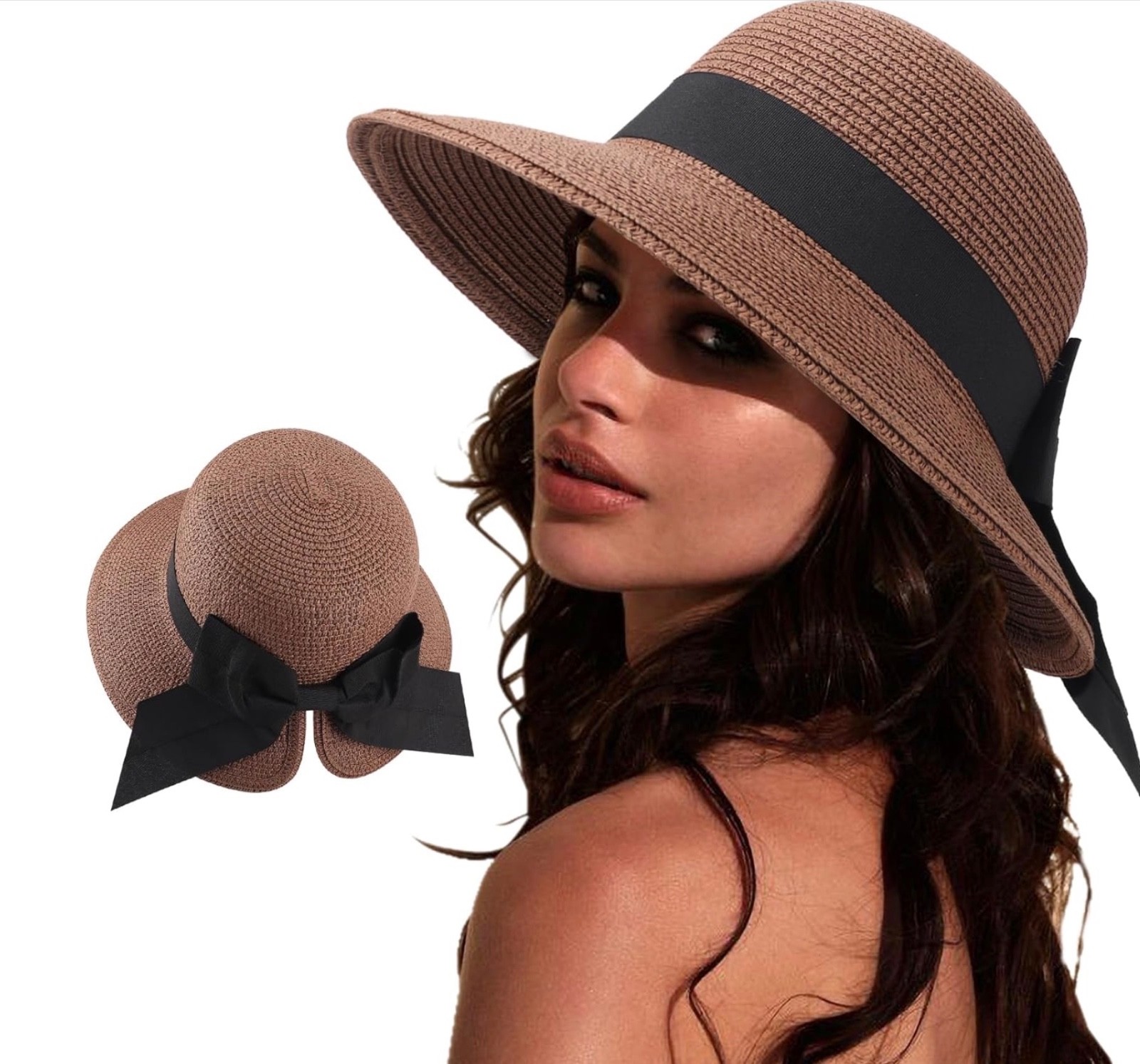 Sun Hats for Women Travel Fedora Foldable Beach Sun Hat Summer Wide Brim Straw B